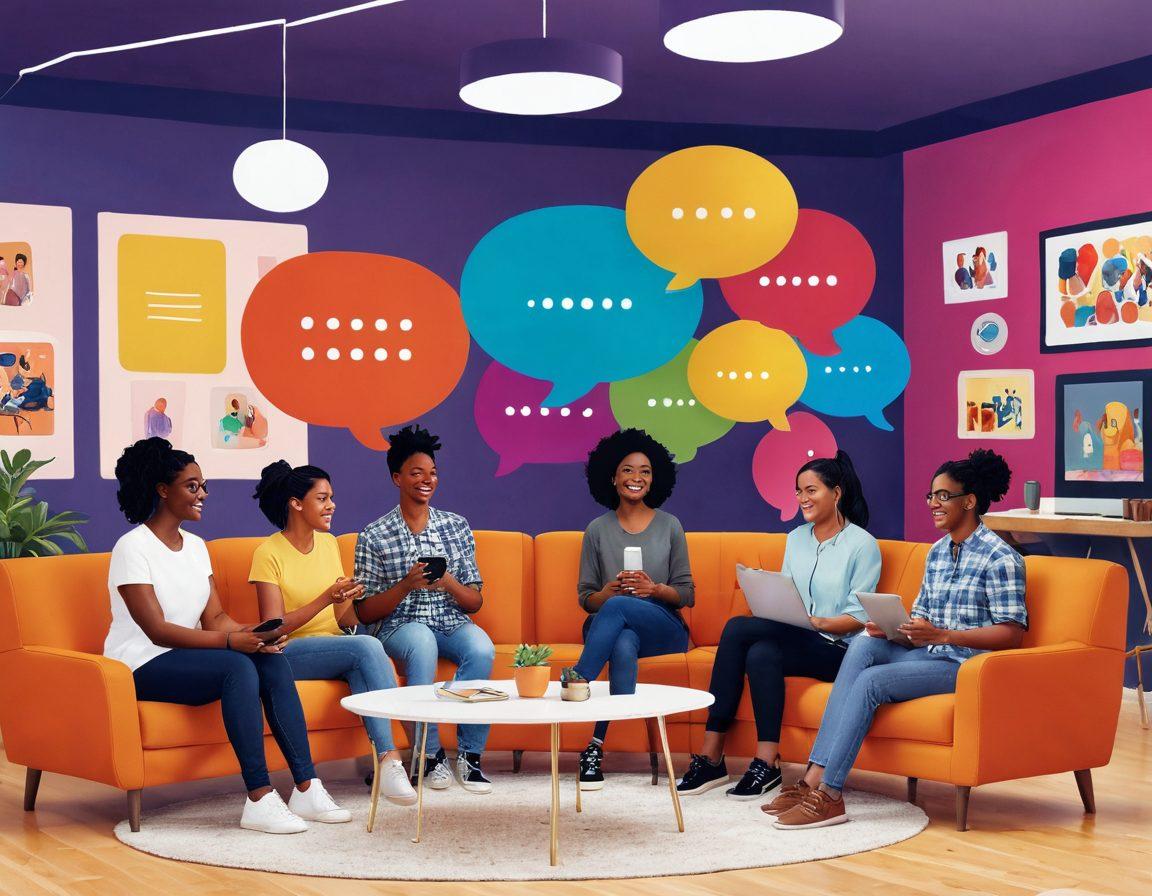 A vibrant, inclusive digital gathering space filled with diverse adults engaging in lively chats, surrounded by dynamic speech bubbles. The atmosphere is filled with energy, showcasing animated cam shows in the background that highlight various talents. Warm, inviting colors create a friendly vibe, with modern technology elements subtly integrated. Add a hint of fun and playfulness to reflect the community spirit. vector art. vibrant colors. clean background.