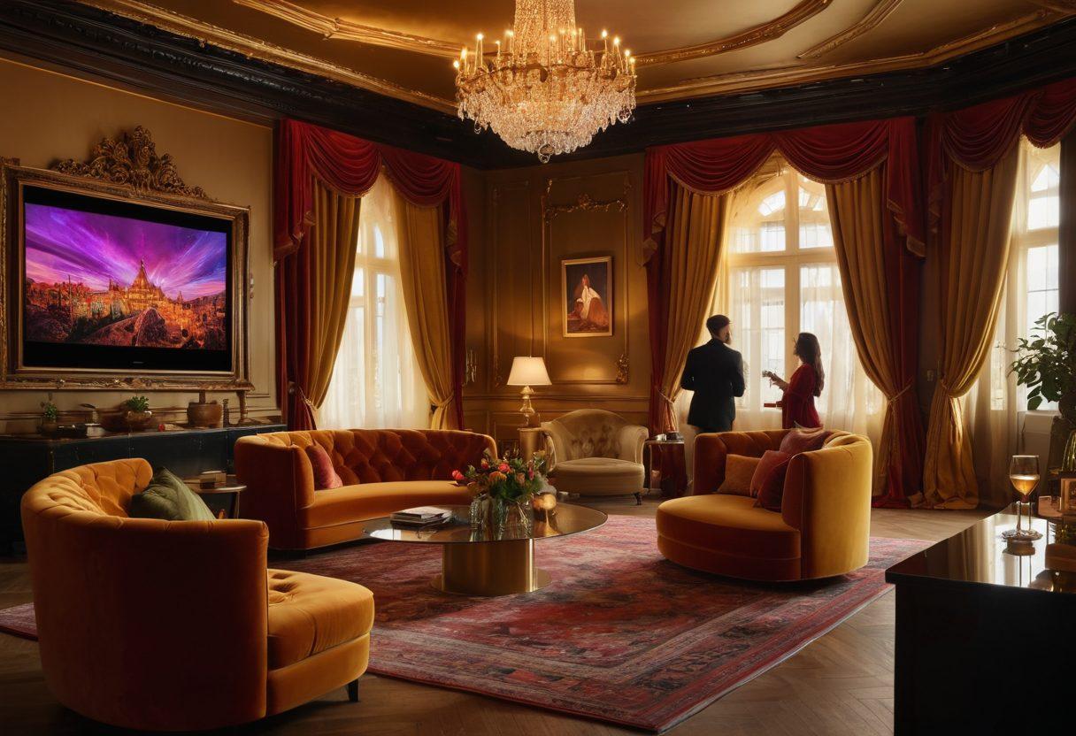 A captivating scene showcasing a luxurious, velvet-draped room with a sultry atmosphere, featuring a high-definition webcam setup glowing with soft golden lights. In the foreground, silhouettes of diverse individuals engaging in live streaming, embodying excitement and allure. Delicate elements like a glass of wine and artful decorations enhance the ambiance. The background hints at a virtual world with colorful screens displaying interactive content. super-realistic. vibrant colors. intimate atmosphere.